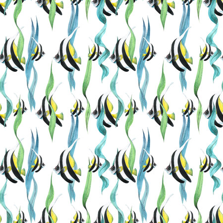 Bright, striped, tropical yellow-black-white fish moorish idol with seaweed. Watercolor illustration, hand drawn. Seamless pattern on a white background.の写真素材