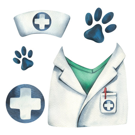 A set of clothes for a veterinarian with animal paws. Watercolor illustration, hand drawn. Isolated leents on a white background. For clinics, hospitals, pharmacies.の写真素材