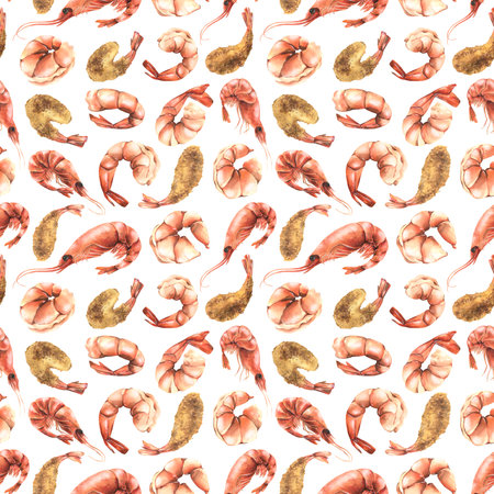 Boiled and fried peeled and unpeeled shrimp. Watercolor illustration. Seamless pattern on a white background from the SHRIMP collection. For the design and design of menus, recipes, packagingの写真素材