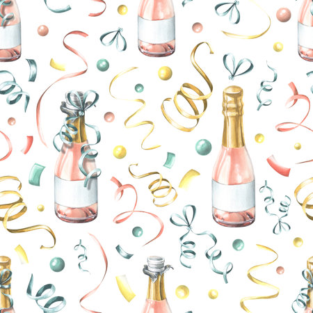 Bottles of pink champagne with confetti and ribbons. Watercolor illustration, hand drawn. Seamless pattern on a white background. For congratulations, wrapping paper, holidays.の写真素材