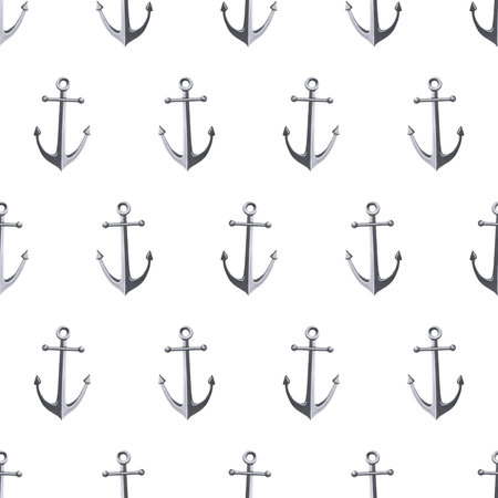 Steel anchors on a white background. Watercolor illustration, hand drawn. Marine, seamless pattern, for fabric, textile, wallpaper, packaging, wrapping paper, beach and summer accessories.の写真素材