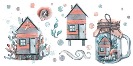 Fishing cabins with shells, corals, algae and bubbles. Watercolor illustration, hand drawn. Set of isolated compositions on a white background.の写真素材