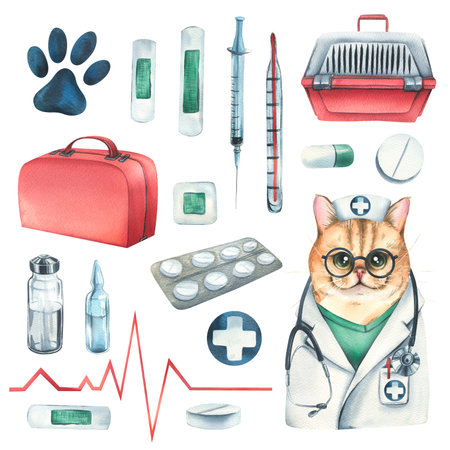 Veterinary set with doctor cat, pet carrier, medicines. Watercolor illustration, hand drawn. Isolated objects on a white background, for the design of clinics, hospitals, pharmacies, medicines.の写真素材