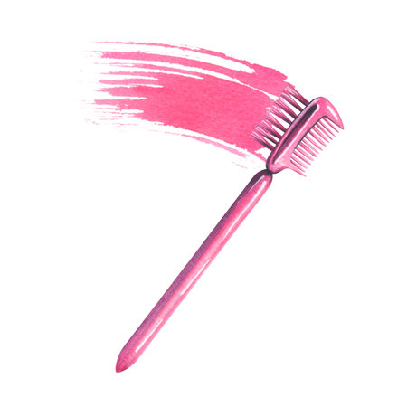 Brush for combing eyelashes and eyebrows with a smear of pink paint, mascara. Watercolor illustration, hand drawn. Isolated composition on a white background.の写真素材