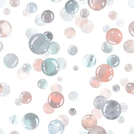 Bubbles of water in blue and coral color on a white background. Watercolor illustration, hand drawn. Seamless pattern for fabric, textile, wallpaper, wrapping paperの写真素材