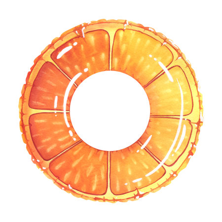 Orange inflatable ring for swimming in the sea, lake or pool with orange slice print. Watercolor...