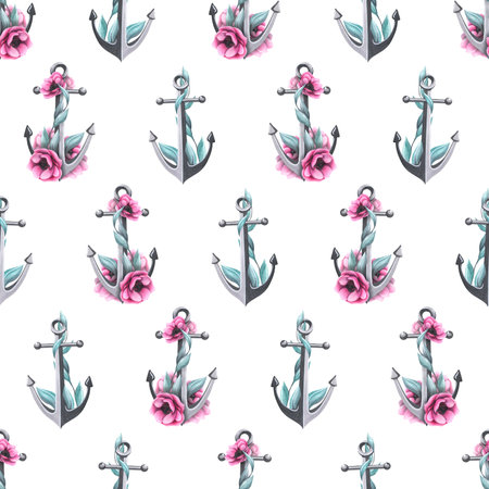 Metal anchor with pink anemone flowers and seaweed. Watercolor illustration, hand drawn. Seamless pattern on a white background, for prints, stickers, posters, cards.の写真素材