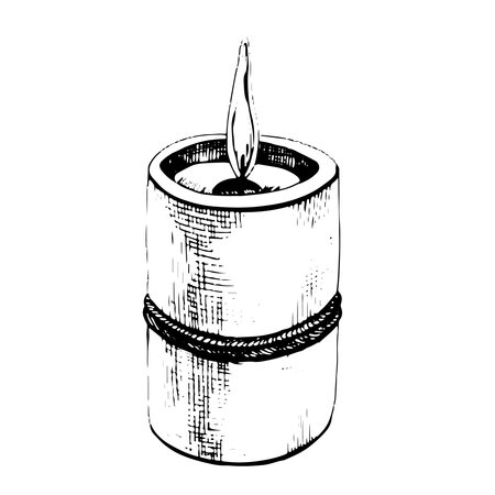 Candle with flame and rope. Illustration graphic, hand drawn, EPS vector, isolated object. For SPA, relaxation, interior decor, candle making masters.のイラスト素材