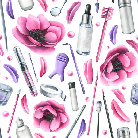 Tools and cosmetics for the master of eyelash and eyebrow extension and lamination. Watercolor illustration, hand drawn. Seamless pattern on a white background. For packaging, branding, fabrics.の写真素材