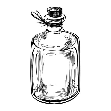 Glass jar with cork. The illustration is hand drawn in black ink, graphic. EPS vector. Isolated object on a white background.のイラスト素材