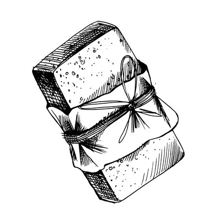A bar of handmade soap wrapped in craft paper and jute rope. The illustration is hand drawn in black ink, graphic. EPS vector. Isolated object on a white background.のイラスト素材