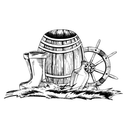 Wooden barrel with a ships wheel, on the grass with a bottle of rum and rubber boots. EPS hand drawn black and white vector graphic illustration. Isolated composition on a white background.のイラスト素材