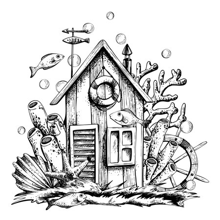 Fishermans cabin on the grass with a ships wheel, starfish, shells, corals, bubbles and fish. Illustration hand-drawn in graphics. EPS vector. Isolated composition on a white background.のイラスト素材
