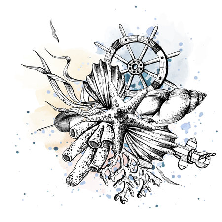 Marine animals with anchor, rudder and lifebuoy. Illustration of hand drawn graphics, vector in EPS format. Composition isolated on white background.のイラスト素材