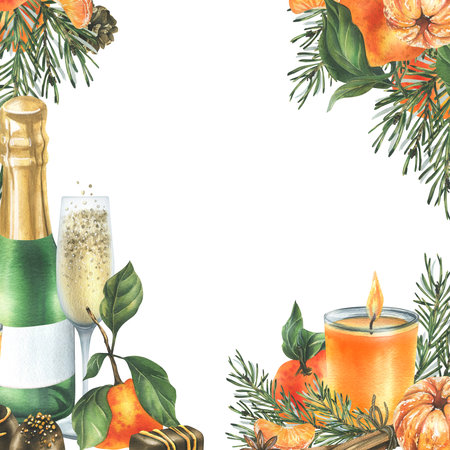 Christmas template with tangerines, sweets, spices, champagne and plants. Watercolor illustration, hand drawn for holiday decor. Frame on a white background.の写真素材