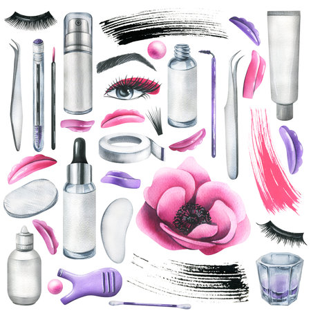 Set of professional cosmetics and tools for makers of lamination, painting eyelashes and eyebrows. Watercolor illustration, hand drawn. Isolated objects on a white backgroundの写真素材