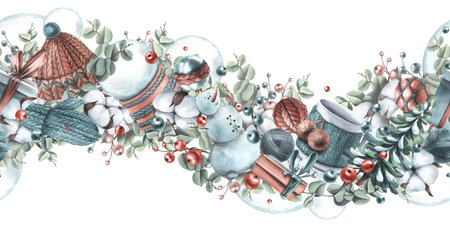 Winter, New Year, Christmas seamless border with snowman, knitted things, cotton, Christmas balls,...
