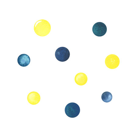 Bright turquoise, blue and yellow dots. Watercolor illustration hand drawn in a childrens simple style. A set of isolated elements on a white background.の写真素材
