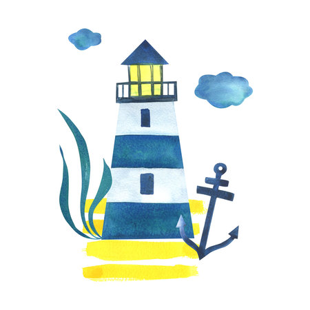 Striped blue lighthouse with anchor, algae on yellow sand and clouds. Nautical watercolor illustration hand drawn in childish abstract style. Isolated composition on white backgroundの写真素材