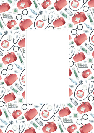 A kit of medical equipment with a red first aid bag. Watercolor illustration drawn by hand. Vertical template, a frame on a white background.の写真素材