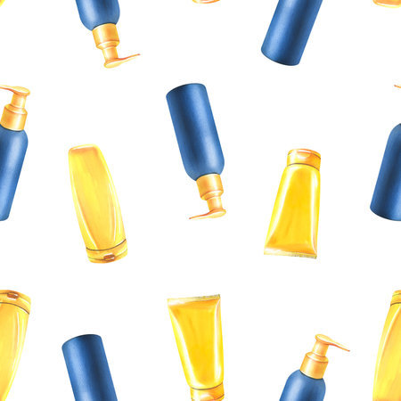 Tubes for sunscreen, yellow and blue. Watercolor illustration hand drawn for prints of textile,...