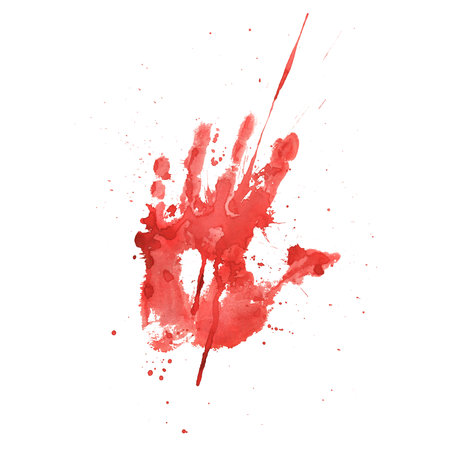 Bright red, scarlet blood stain palm print with splashes for the design and decor of the day of the dead, Halloween. Watercolor illustration, hand drawn. Isolated object on a white background.の写真素材