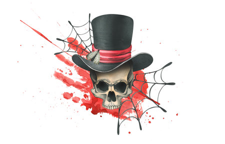 Human skull in a top hat with a moth, bloodstain and cobwebs for the holiday of Death Day and Halloween. Watercolor illustration, hand drawn. Isolated composition on a white background.の写真素材