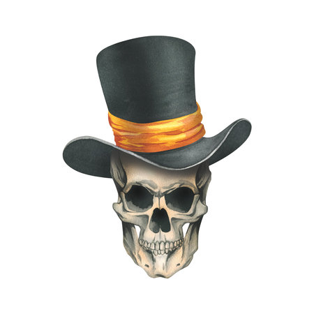A human skull in a black top hat with a orange ribbon. Hand drawn watercolor illustration for day of the dead, halloween, Dia de los muertos. Isolated object on a white background.の写真素材