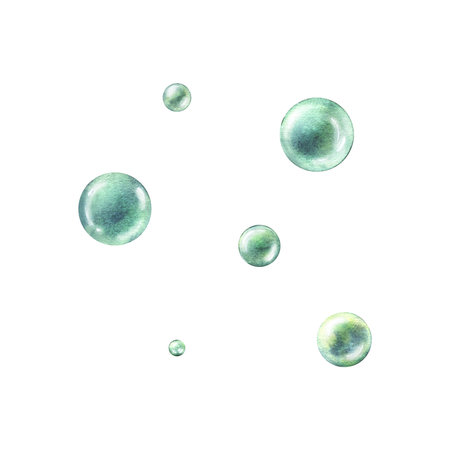 Turquoise, blue, green soap and water bubbles. Hand drawn watercolor illustration. Set of isolated objects on a white background.の写真素材