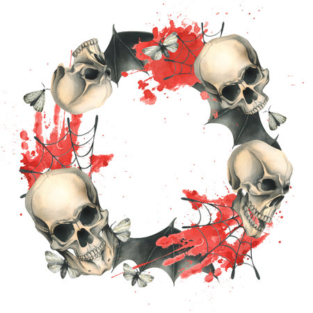 Human skull with black bat wings with a bloodstain, cobwebs and night moths for the holiday of Death Day and Halloween. Watercolor illustration, hand drawn. Circle frame, wreath on a white backgroundの写真素材