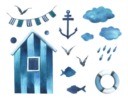 Sea cabin, anchor, clouds with raindrops, seagulls, fish, lifebuoy, garland with flags. Watercolor illustration hand drawn in a childish simple style. Set of isolated elements on a white background.の写真素材