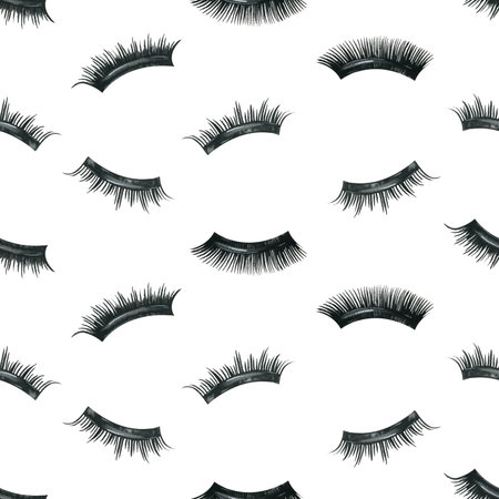 False eyelashes for tape extensions. Hand drawn watercolor illustration. Seamless pattern on a white background.の写真素材