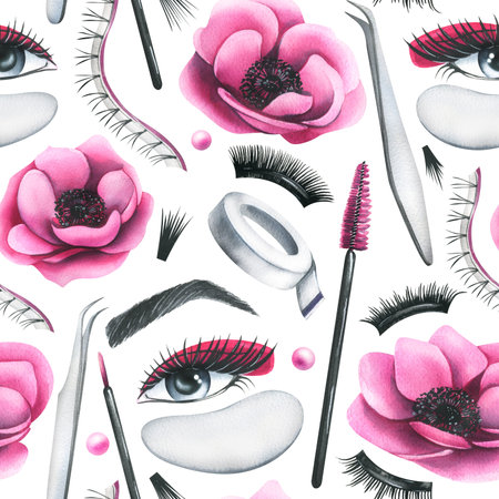 False eyelashes for extensions, tweezers, womens eyes, patches and flowers. Hand drawn watercolor illustration. Seamless pattern on a white background.の写真素材