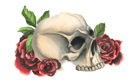 Human skulls with red roses and leaves. Hand drawn watercolor illustration. Isolated composition on a white background.の写真素材