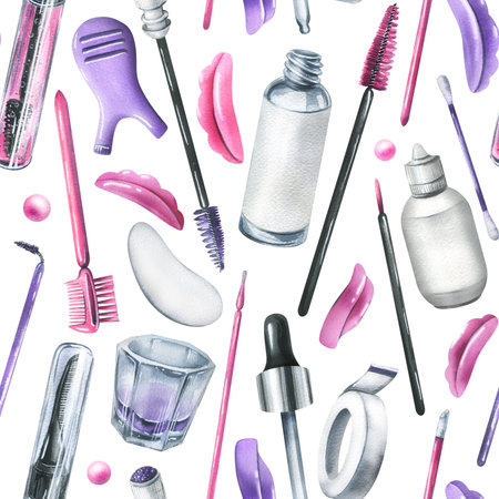 Tools and cosmetics for the master of eyelash and eyebrow extension and lamination. Watercolor illustration, hand drawn. Seamless pattern on a white background. For packaging, branding, fabricsの写真素材