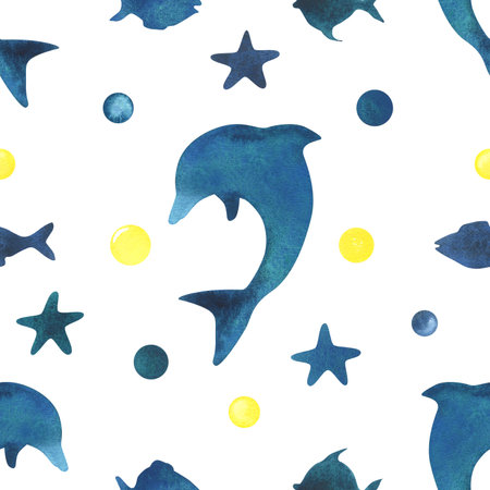 Silhouettes of a dolphin, fish, starfish and dots in blue, turquoise and yellow. Watercolor illustration, hand drawn in childish style. Seamless pattern on a white background.の写真素材