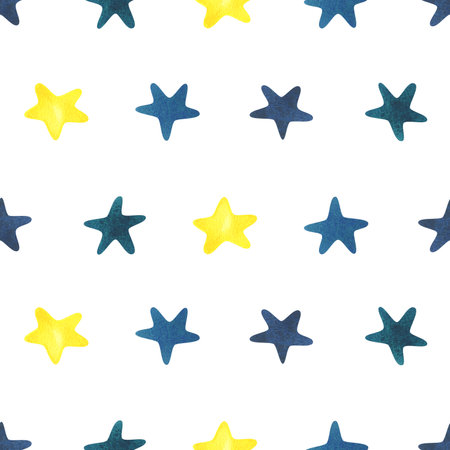 Star silhouettes with blue, yellow and turquoise paint texture. Watercolor illustration hand drawn in childrens style. Seamless pattern on a white backgroundの写真素材