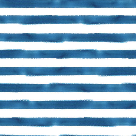 Blue turquoise stripes brush strokes. Nautical watercolor illustration hand drawn in childish abstract style. Seamless pattern on white background.の写真素材