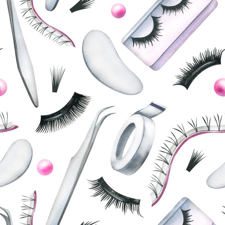 False eyelashes for extensions, tweezers, womens eyes, patches and flowers. Hand drawn watercolor illustration. Seamless pattern on a white backgroundの写真素材