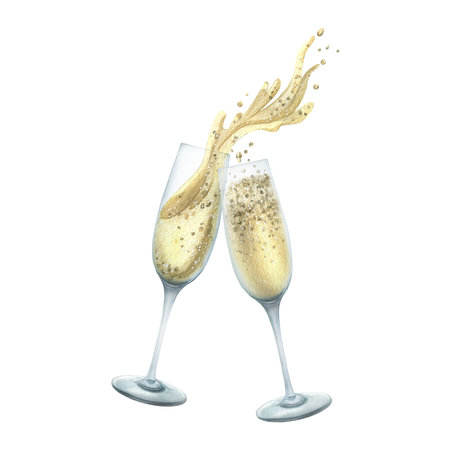 Glass goblets with champagne and splashes, white sparkling wine. Watercolor illustration, hand drawn. Isolated composition on a white backgroundの写真素材