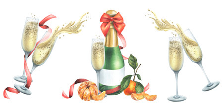 Bottle and glass of champagne with tangerines and a red bow with ribbons. Watercolor illustration, hand drawn. Set of compositions on a white background, for New Year, Christmas, birthdayの写真素材