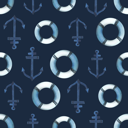 Lifebuoys with anchors. Watercolor illustration, hand drawn in childish style. Seamless pattern on a blue background.の写真素材