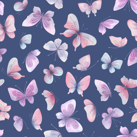 Butterflies are pink, blue, lilac, flying, delicate with wings and splashes of paint. Hand drawn watercolor illustration. Seamless pattern on a blue background, for designの写真素材