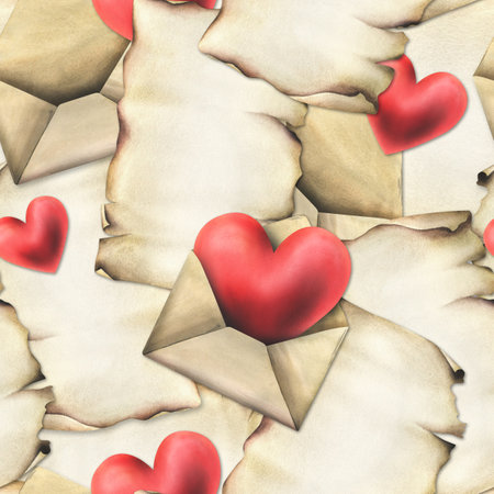For Valentines Day, are hearts, envelopes, letters. Hand drawn watercolor illustration. Seamless patternの写真素材