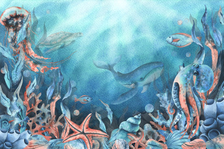 Underwater world clipart with sea animals whale, turtle, octopus, seahorse, starfish, shells, coral and algae. Hand drawn watercolor illustration. Set of isolated objects on a blue background.の写真素材