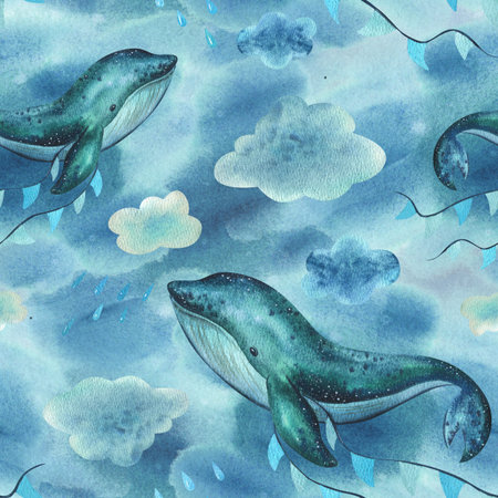 A baby whale swims on the sea and flies in the sky with garlands of flags among the clouds and raindrops. Hand drawn childrens watercolor illustration. Seamless pattern on a blue background.の写真素材
