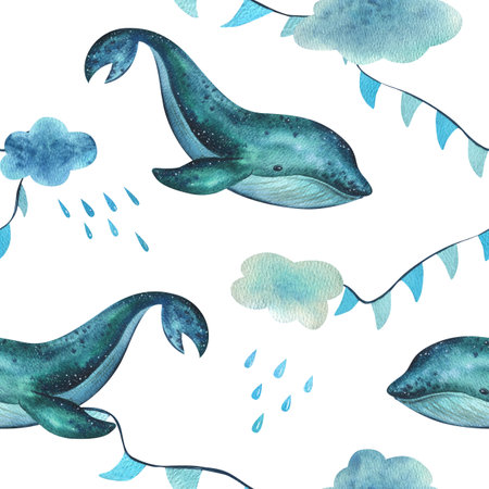 A baby whale swims on the sea and flies in the sky with garlands of flags among the clouds and raindrops. Hand drawn childrens watercolor illustration. Seamless pattern on a white background.の写真素材