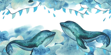 A baby whale swims on the sea and flies in the sky with garlands of flags among the clouds and raindrops. Hand drawn childrens watercolor illustration. Seamless border on a white background.の写真素材