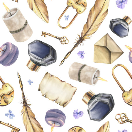Writing supplies: papyrus paper, craft envelope, gold pen, ink in a glass jar, candles, key with lock, flowers. Hand drawn watercolor illustration. Seamless pattern on a white backgroundの写真素材