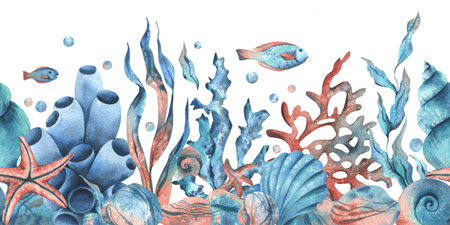 Underwater world clipart with sea animals whale, turtle, octopus, seahorse, starfish, shells, coral and algae. Hand drawn watercolor illustration. Seamless border isolated from the background.の写真素材